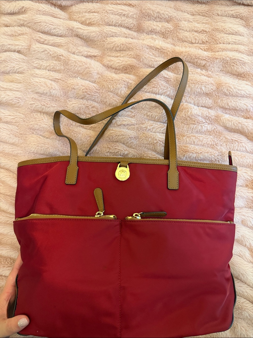 Michael Kors Red Tote with Tan Trim and Gold Hardware